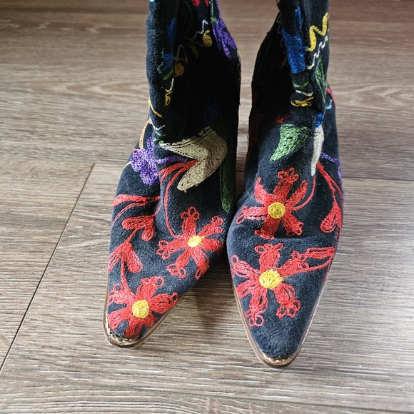 Colorful Rainbow Embroidered Maximalist Funky Gnarly Kitten Heel Boots - Picture 3 of 9